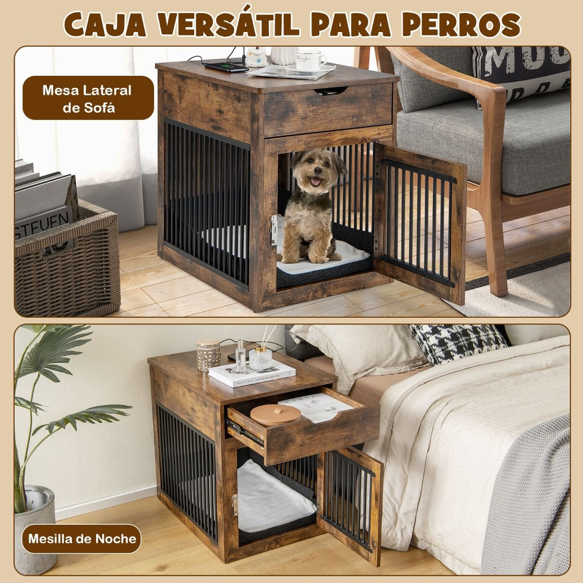 Casa Interior Para Perros Pequeños Mesa Auxiliar Decorativa Con Carga Inalámbrica Y Con Cable 50 X 64 X 63 Cm Marrón Rústico