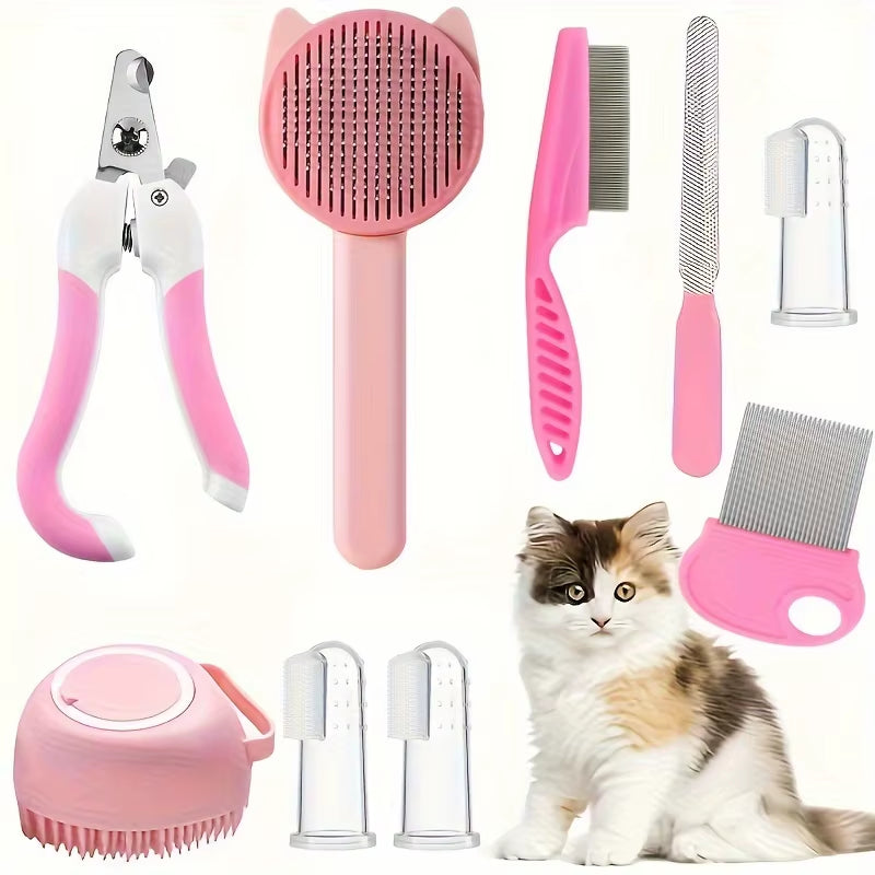 8Pcs Cat Brush Beauty Kit with Pet Nail Clippers and Files Pet Self-Cleaning Kit Flea Comb Pet Shampoo Bath Brush Pet Sheddin