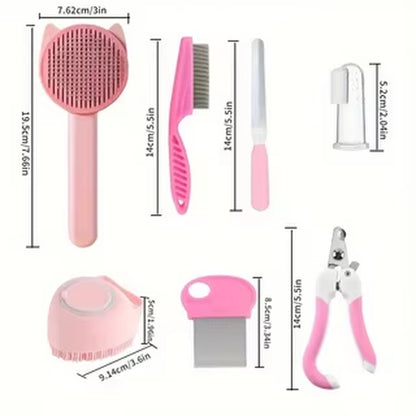 8Pcs Cat Brush Beauty Kit with Pet Nail Clippers and Files Pet Self-Cleaning Kit Flea Comb Pet Shampoo Bath Brush Pet Sheddin