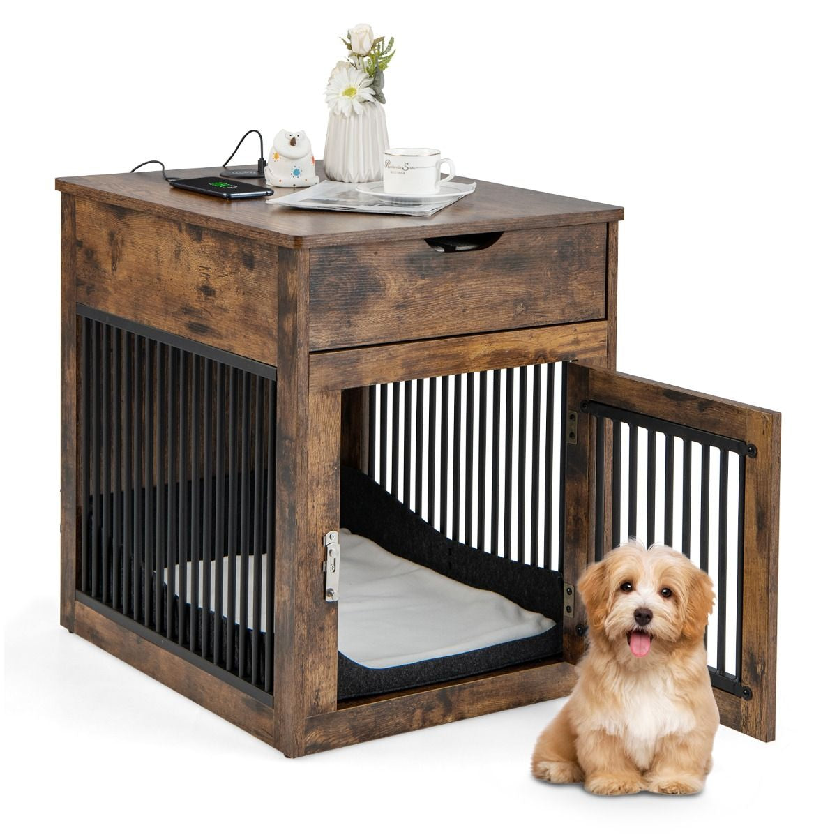 Casa Interior Para Perros Pequeños Mesa Auxiliar Decorativa Con Carga Inalámbrica Y Con Cable 50 X 64 X 63 Cm Marrón Rústico