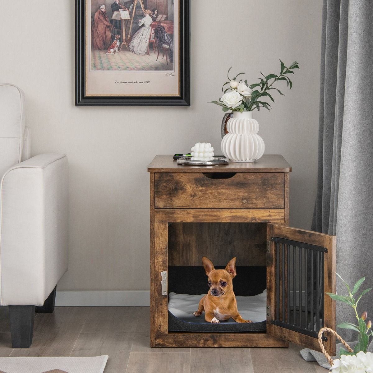 Casa Interior Para Perros Pequeños Mesa Auxiliar Decorativa Con Carga Inalámbrica Y Con Cable 50 X 64 X 63 Cm Marrón Rústico